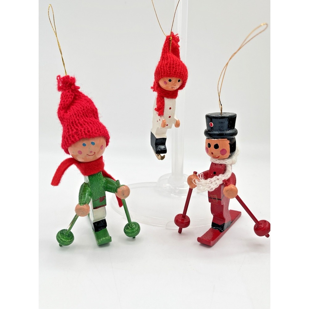 Vintage Christmas Wooden Skiing Elf Gnome Ornaments Knit Hats Lot of 3